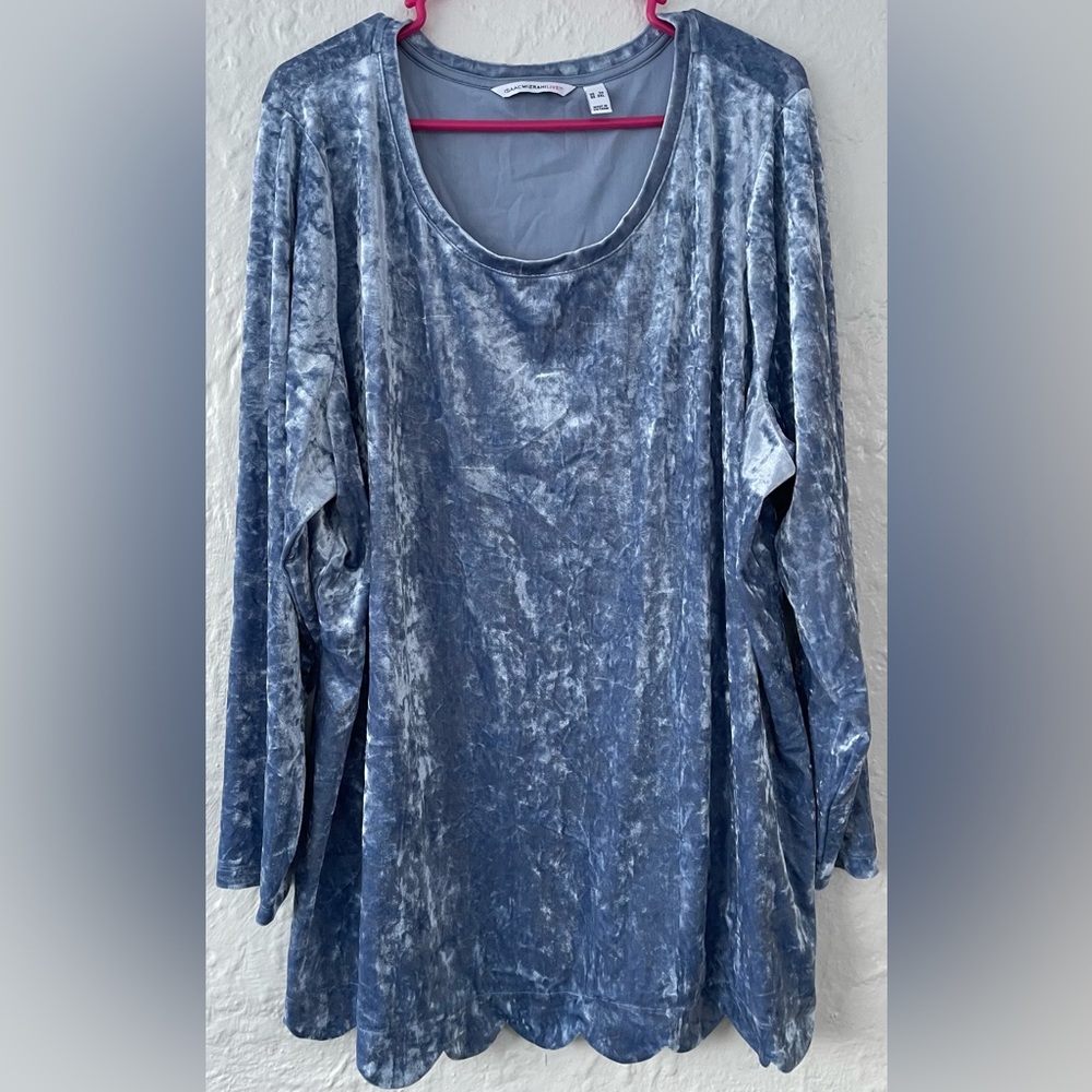 Isaac Mizrahi Live! Blue Long Sleeve Pullover Top Velour Scalloped Hem; 3X